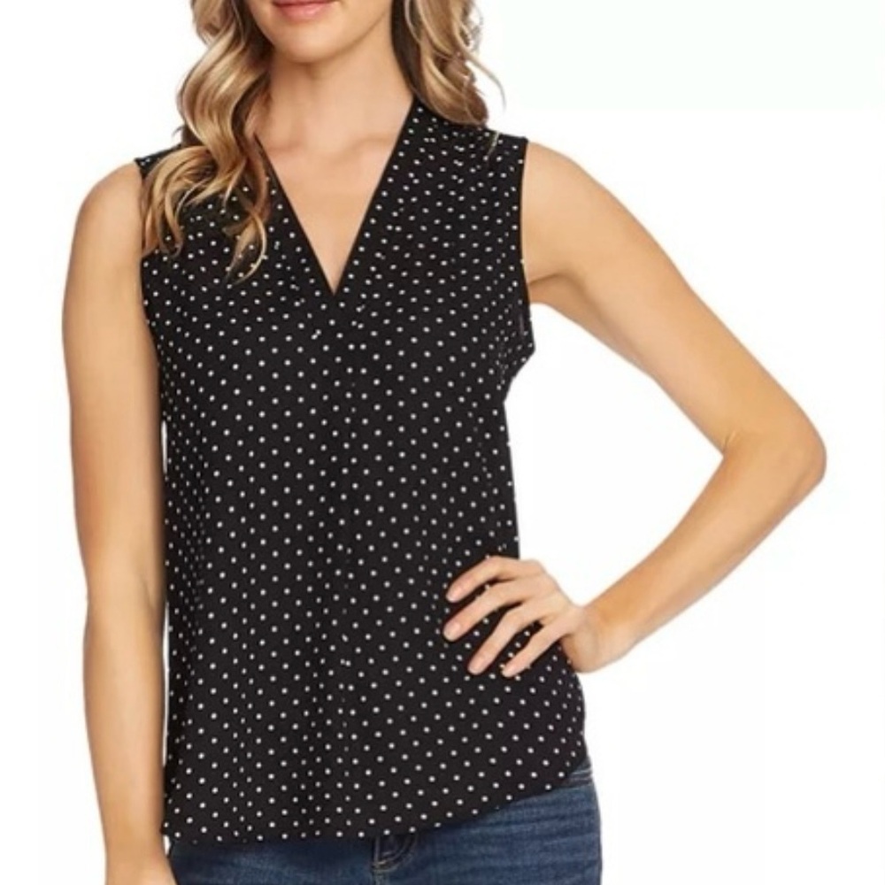 Vince Camuto Black Polka Dot Sleeveless V-Neck Blouse